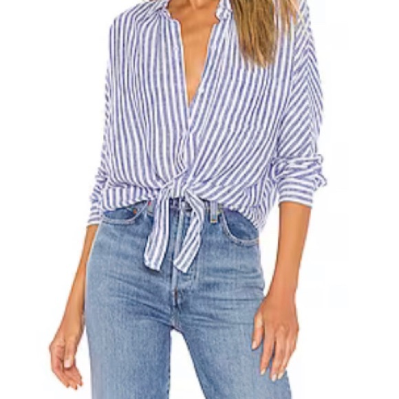 RAILS Rylan top in Atlas Stripe. Long sleeves, patch pockets, adjustable tie hem - Picture 1 of 9